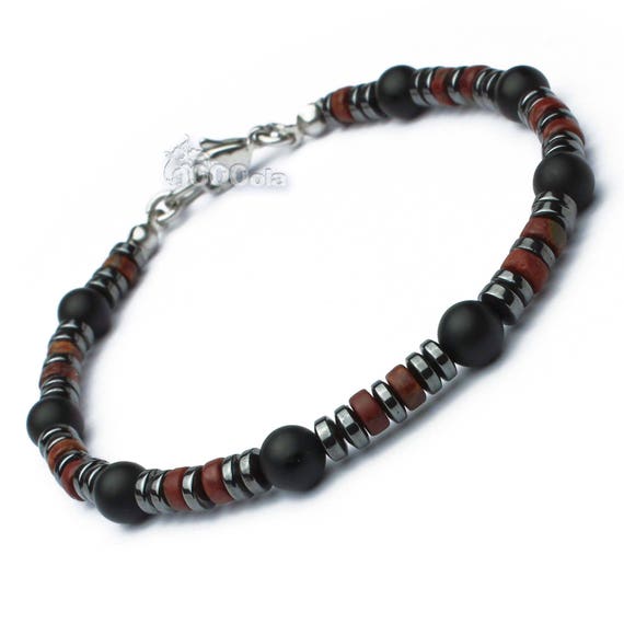 New BRACELET Man Pearls stone Natural Jasper/Jasper red Agate/onyx matte black hematite clasp carabiner Stainless metal/stainless steel P118