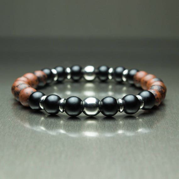 Sublime BRACELET men/women natural stone beads mahogany Obsidian Brown 8mm + black agate matte (Onyx) + rings stainless steel/stainless