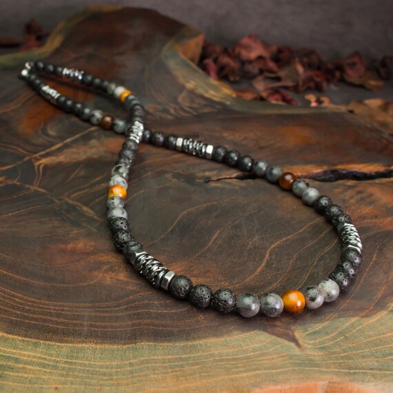 Men's necklace 6mm beads natural stone Tiger Eye Larvikite Labradorite matte gray Volcanic Lava black Hematite washers stainless steel metal