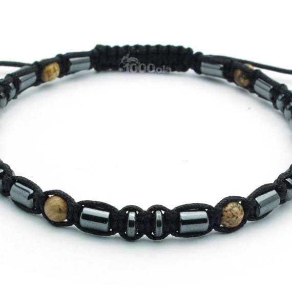 Elegant Bracelet Man pearls Ø 4mm in Natural Stone Jasper Picasso Hematite nylon thread black