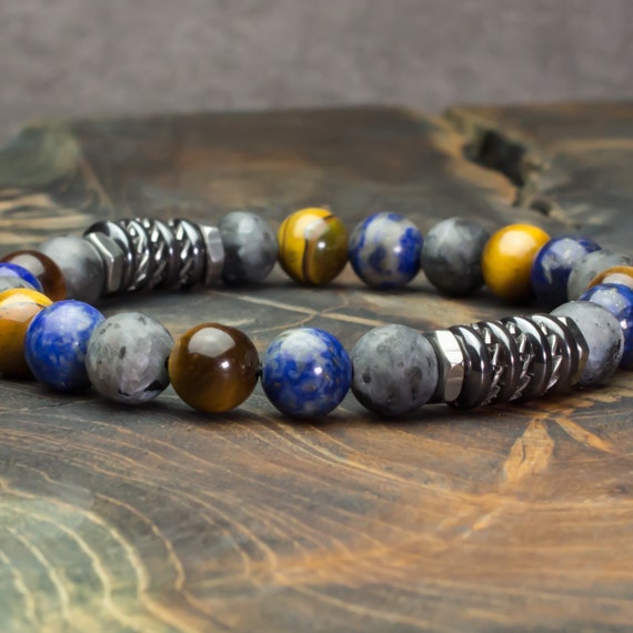 Men's/Female Pearls Bracelet 8mm Stones Larvikite Labradorite Tiger Eye, Lapis Lazuli washers Hematite stainless steel Tibetan style