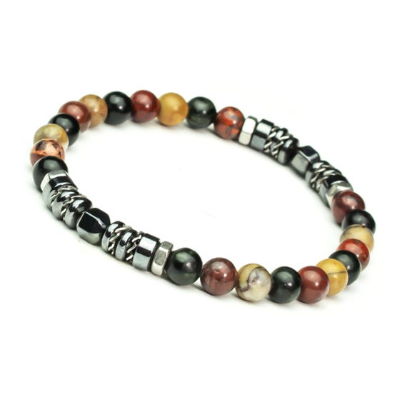 New! Bracelet Model Tibetan style Man / Woman beads 6 mm stone Jasper / Jasper Picasso Hematite washers stainless steel handmade in France
