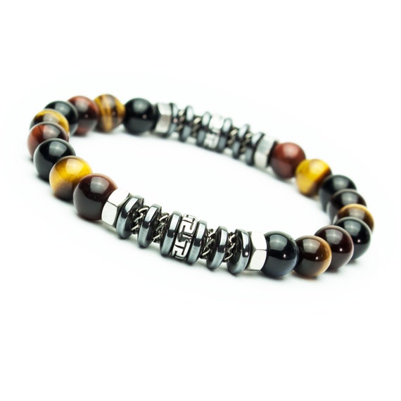 New Model Bracelet Tibetan style Man/Woman 8mm beads Hematite Tiger Eye stones stainless steel silver color Made in France