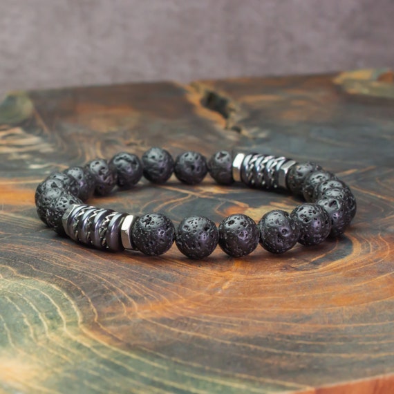 Men's bracelet Tibetan style beads 8mm stones Volcanic lava black washers Hematite steel stainless steel made in France creation 1000ola