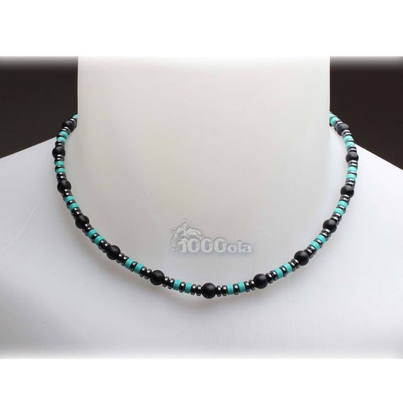 Collana Uomo In Pietre Naturali - Agata Nera E Pietra Lavica, 51 Cm, Acciaio Inox, Fatto A Mano In Germania
