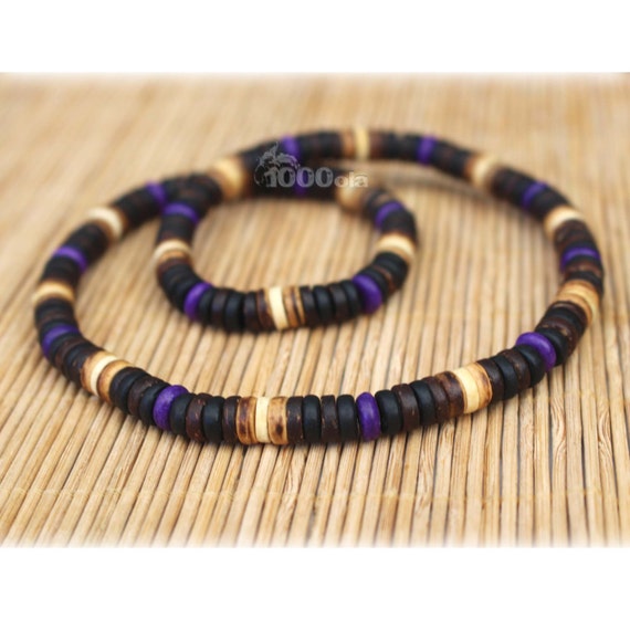 Necklace style surfer / surf man / woman pearls Natural stone howlite color purple Wood Coconut / Coconut Ø 8mm P75