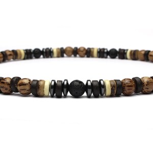 Collier Homme Perles Pierre De Lave Et Hématite - Longueur 55cm, Fait Main - Neuf Sans Emballage