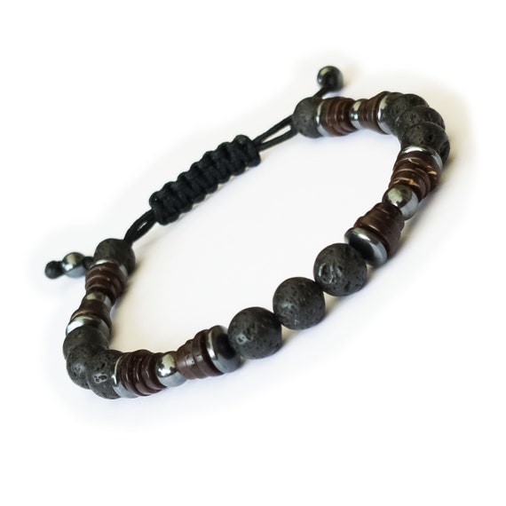 Men's Tibetan style bracelet 8mm beads black Volcanic Lava stones Hematite Coconut Wood/coconut Made in France 1000ola