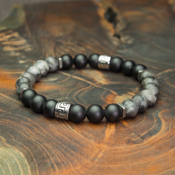 New Men's Bracelet beads 8mm natural stones Larvikite Labradorite Matte gray Agate/black onyx bead tube Tibetan style Stainless steel 1000ola