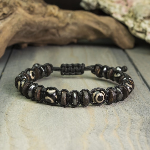 Magnificent Bracelet Man/men Ø 8mm natural stone beads Agate Dzi with 3 eyes Hematite Tibetan style Made in France