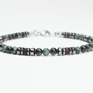 New Men's/Women's Bracelet with 4mm Natural Stone Beads, Green Jasper, Hematite, Coconut Wood, and Stainless Steel Lobster Clasp. image 1
