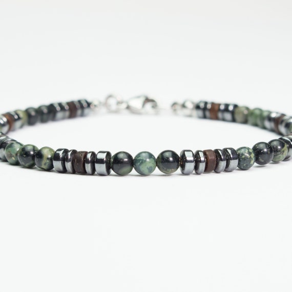 New BRACELET Men/Woman Pearls 4mm Natural Stones Jaspe Green hematite wood coconut clasp stainless steel/Inox rings