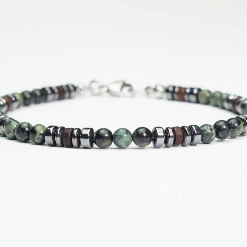 New Men's/Women's Bracelet with 4mm Natural Stone Beads, Green Jasper, Hematite, Coconut Wood, and Stainless Steel Lobster Clasp. image 1