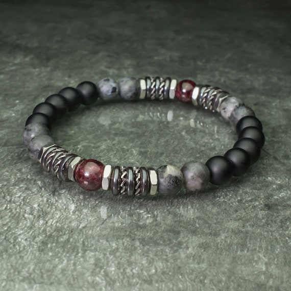 8mm beaded bracelet natural stones Garnet Labradorite Matte gray Agate/Black Onyx Hematite Stainless steel Made in France 1000ola