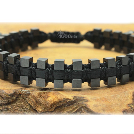Black Bracelet Men/Men's Leather REAL Pearls Hematite appearance Mat cube 3mm P96