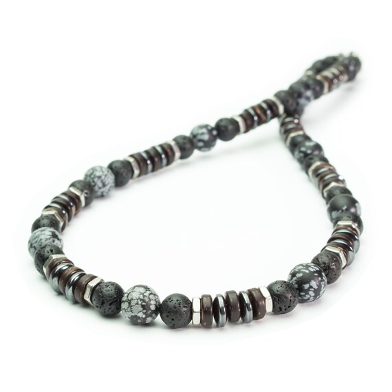 Sublime Necklace Man beads Ø8-10mm stone Obsidian Snowflake Volcanic Lava wood coconut hematite stainless metal silver color