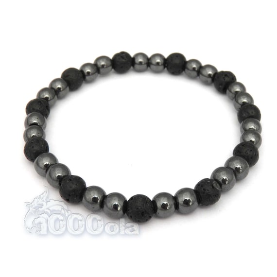 BRACELET Men's Jewelry / Men's Beads 6mm black volcanic lava + Black hematite Made in France