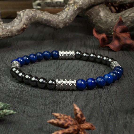 Sublime BRACELET Homme Perles Ø 6mm pierre naturelle Lapis Lazuli Hématite Acier inoxydable/inox Bijoux qualité Fait main 1000ola