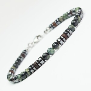 New Men's/Women's Bracelet with 4mm Natural Stone Beads, Green Jasper, Hematite, Coconut Wood, and Stainless Steel Lobster Clasp. image 2