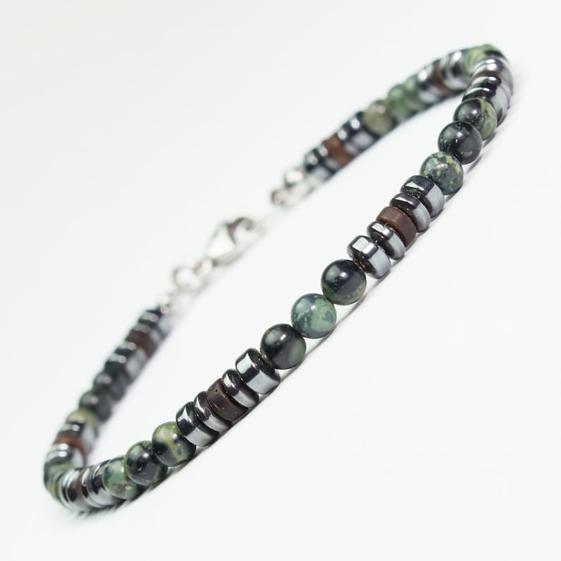 New Men's/Women's Bracelet with 4mm Natural Stone Beads, Green Jasper, Hematite, Coconut Wood, and Stainless Steel Lobster Clasp. image 2