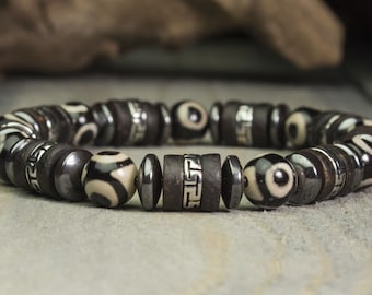 Sublime Bracelet Homme/men style Tibétain perles Ø8mm pierre naturelle Agate perles Dzi à 3 yeux Acier inoxydable Hématite Bois Cocotier