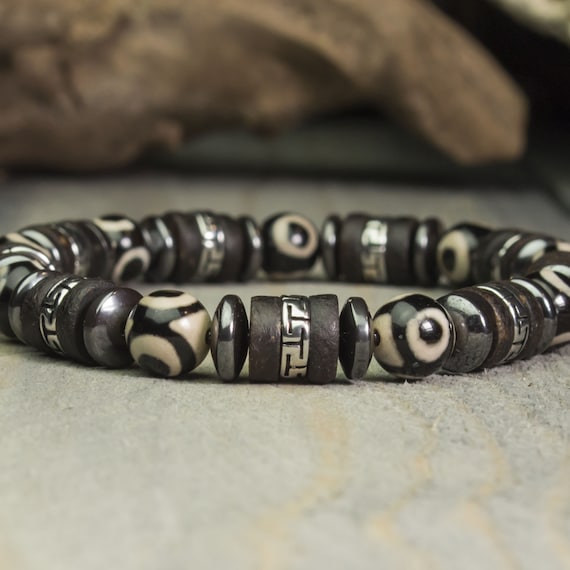 Sublime Men's Bracelet Tibetan style beads Ø8mm natural stone Agate beads Dzi with 3 eyes Stainless steel Hematite Wood Coconut tree