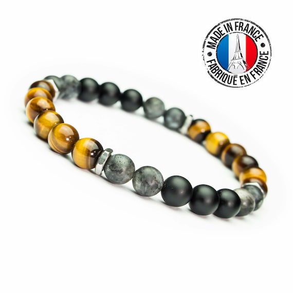 Made in France Bracelet Man/Woman pearls Ø8mm natural stone Tiger Eye Labradorite Grey Mat Agate/Onyx Rings Stainless steel