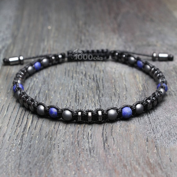 Elegant Bracelet STYLE Tibetan Mala Man beads Ø 4mm in Natural Stone Hematite black and matte gray Lapis Lazuli nylon thread