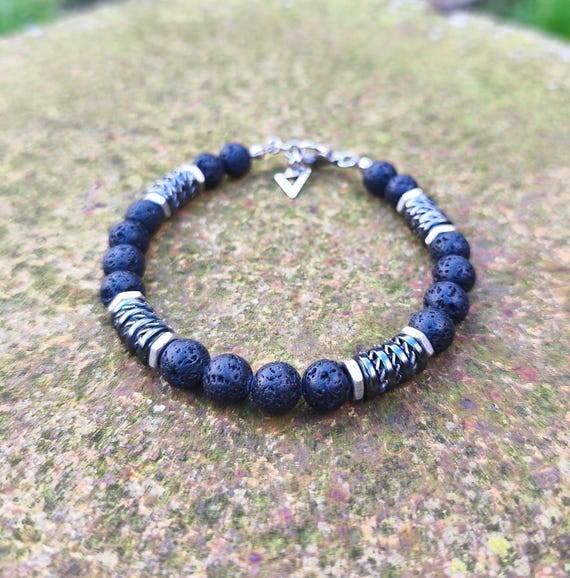 Men's Tibetan-style bracelet with 8mm black volcanic lava beads and hematite rondelles, stainless steel, made in France, 1000ola design