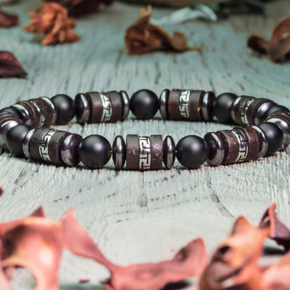 Bracelet Top of the range Man/Woman beads Ø 8mm Stone Agate black Mat Coconut wood Hematite Stainless Steel Antique Aspect Tibetan style