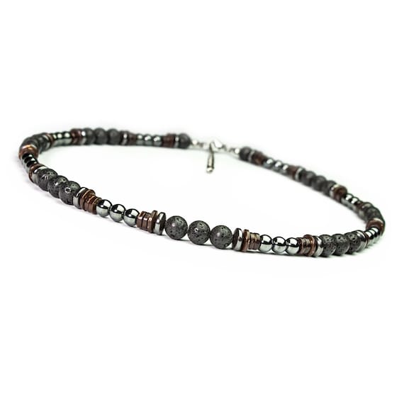 Magnificent Men's Necklace 8mm beads natural stone Volcanic Lava Larvikite Labradorite Hematite Coconut wood Handmade France 1000ola