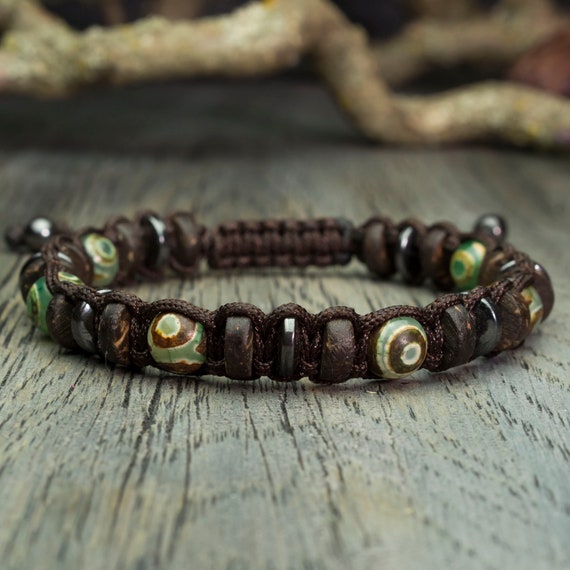 Bracelet Man TIBETAN STYLE Mala Pearls Ø 8mm natural stone Agate Tibetan pattern Hematite Wood Coconut/Coconut thread nylon brown BRATIB