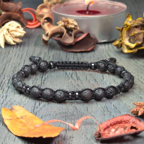 Men's Tibetan STYLE Bracelet Mala Pearls - 6mm in Natural Stone Volcanic Lava (Vesuvianite) Hematite black handmade nylon thread