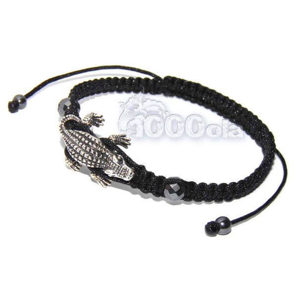 Bracelet Homme/Men's STYLE Tibétain Mala Perle métal crocodile couleur Argent vieilli + Hématite + fil noir fait main