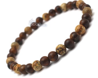 Pulsera estilo surfista / surf hombre / mujer perlas naturales Huanghuali madera marrón Ø6mm, piedra natural Picasso Jasper beige P85