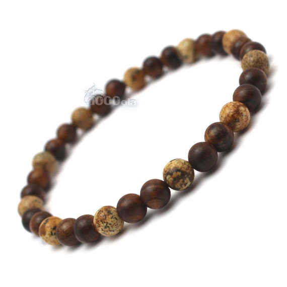 Bracelet style surfer / surf man / woman natural pearls Huanghuali wood brown Ø6mm, natural stone Picasso Jasper beige P85