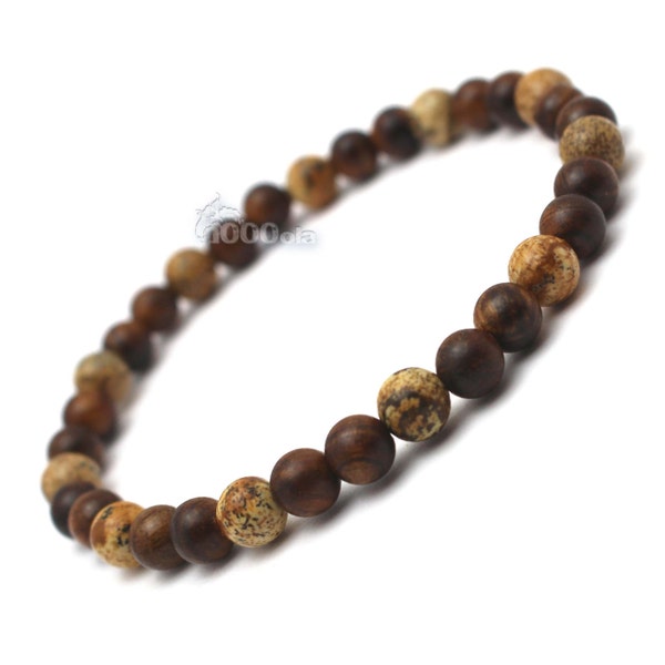 Bracelet style surfeur/surf homme/femme perles naturelle Huanghuali bois marron Ø6mm,  pierre naturelle Picasso Jasper beige P85