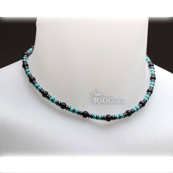 High-end Jewelry Men's Necklace Natural Stone Genuine Stabilized Turquoise Agate/Black Onyx 6mm Hematite 4mm Stainless Metal