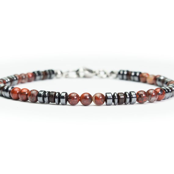 New BRACELET Man/Woman Beads 4mm Natural Stones Red Jasper Hematite Coconut Wood Lobster Clasp Rings Stainless Steel/Inox