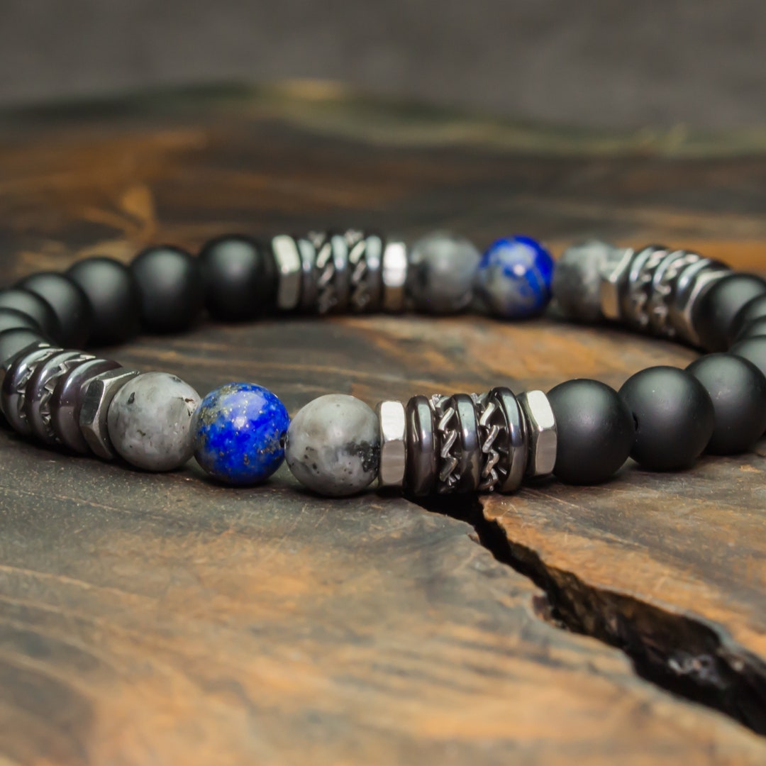 Bracelet Perles Labradorite + Agate noire + Turquoise 8 mm