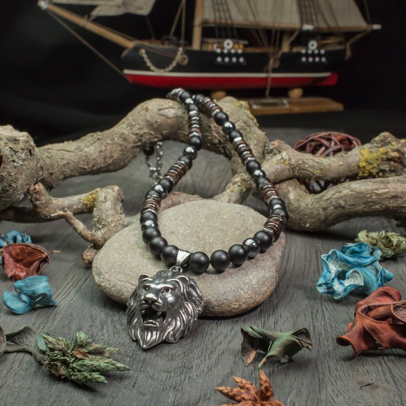 Collier Homme pierre Naturelle Agate/Onyx noir 8mm bois coco hématite Pendentif Lion métal inoxydable Style médiéval antique