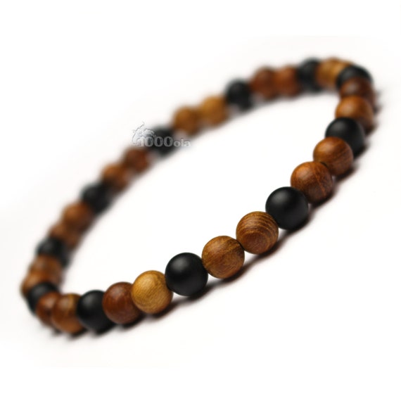 Surfer/surf style bracelet for men/women, natural Huanghuali brown wood beads Ø6mm, natural stone Matte black Agate (Onyx) P117
