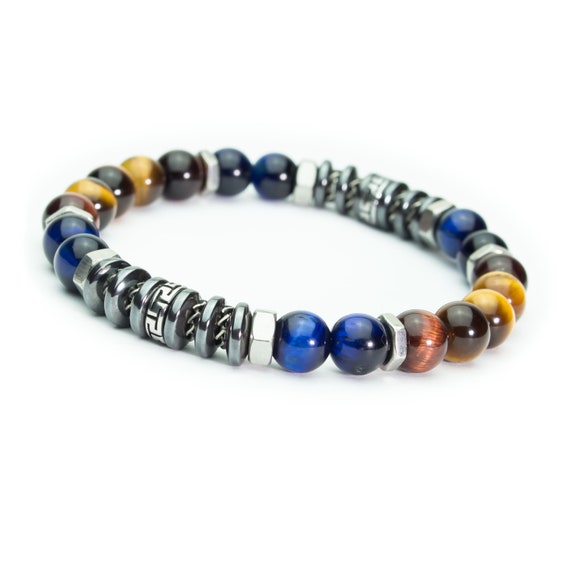 Tibetan style bracelet for men/women, 8mm beads, Tiger's Eye stones, Hematite washers, stainless steel, silver color, made in France