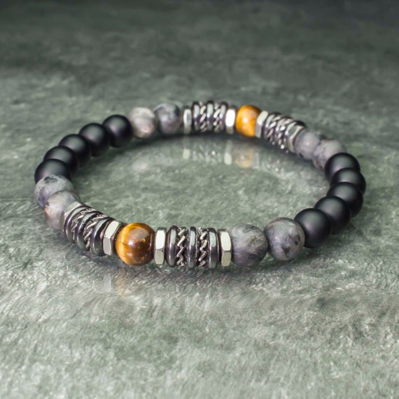 Bracelet pearls 8mm natural stones Eye Tiger Labradorite Matt grey Agate/Onyx black Hematite Stainless steel Made in France 1000ola