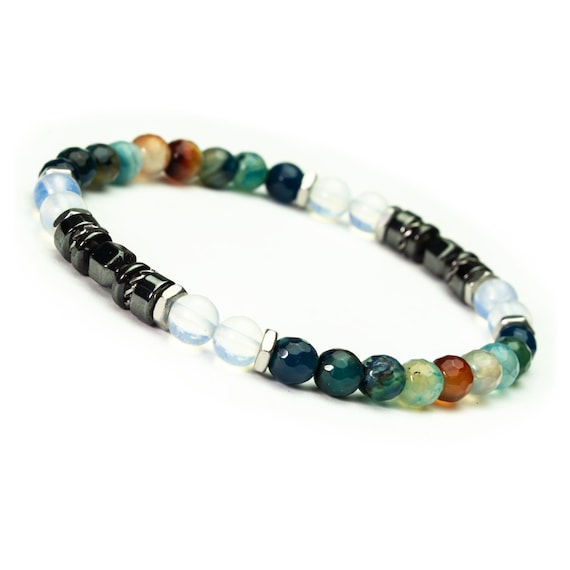 Sublime! Tibetan-style elastic bracelet with 6mm natural stone beads (Agate, Opal, Hematite) and silver-tone stainless steel.