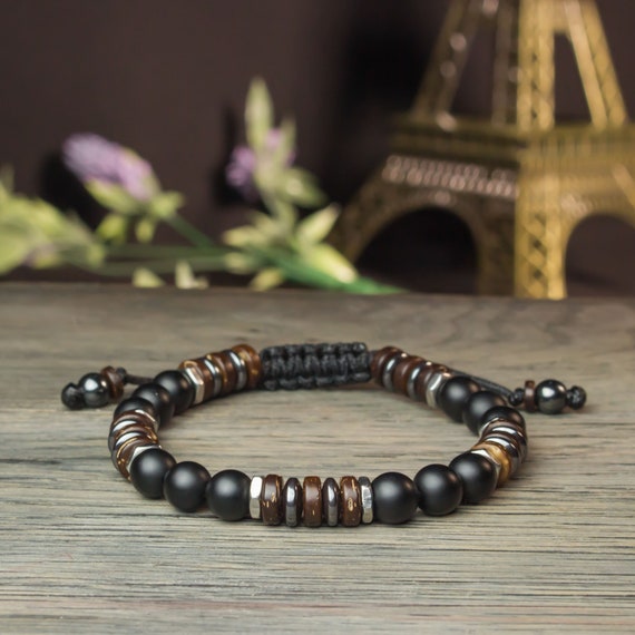 Bracelet Man / men Tibetan 8mm beads beads Agate / Onyx black Matte Hematite Stainless steel Coconut wood Made in France