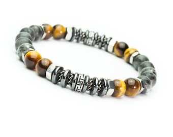 Made in France Bracelet Homme/Femme perles Ø8mm en pierre naturelle Œil de Tigre Labradorite Gris Anneaux Acier inoxydable Style Tibétain