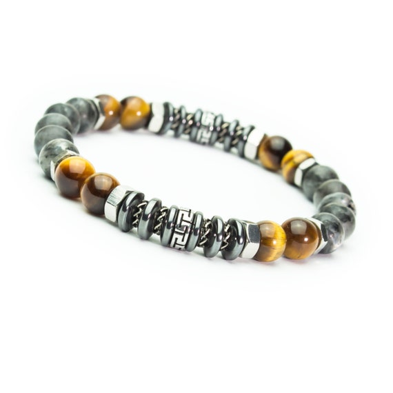 Made in France Bracelet Man/Woman pearls Ø8mm natural stone Tiger Eye Labradorite Grey Rings Stainless steel Tibetan style