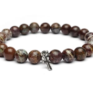 Sublime Bracelet for men/women 8mm beads natural gemstone Opal cross in steel/stainless steel metal Handmade 1000ola Made in France