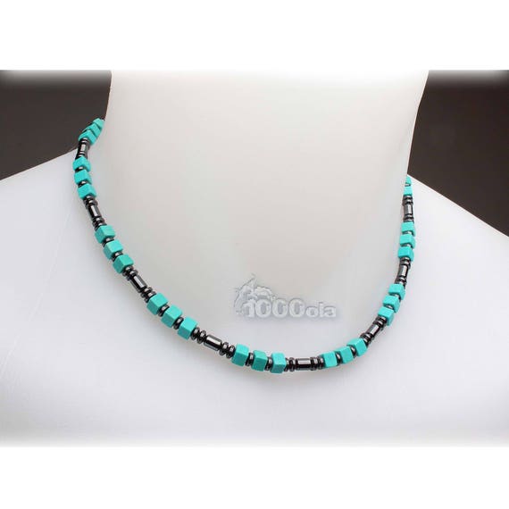 Beautiful jewelry top of range collar man/woman in stones natural Howlite turquoise 5x5x3mm hematite metal stainless steel